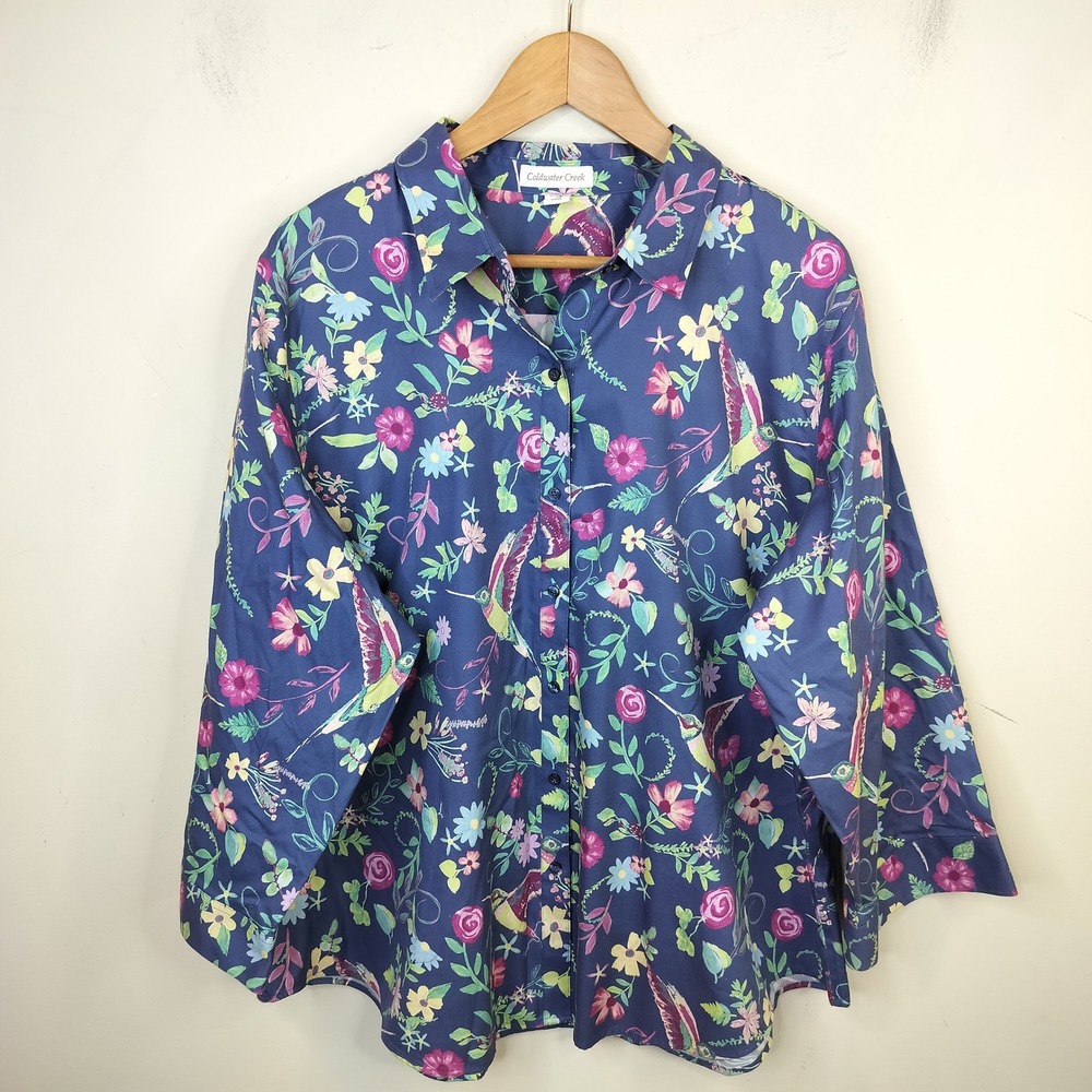 Coldwater Creek Button Down Shirt 24W Hummingbird Floral Cotton Blue Pink